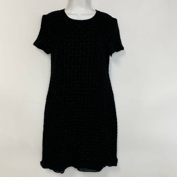 Talbots Women Dress Size 10 Black Sequins Lined Short Sleeve Zip‎ Up Party Silk - Picture 1 of 10
